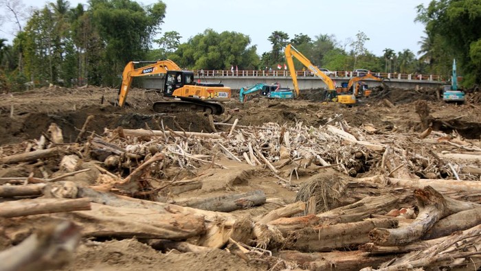 Pekerja menggunakan eskavator mengangkat kayu gelondongan yang menumpuk  di daerah aliran sungai pascabanjir bandang di desa Blang Cut, kecamatan Meurah Dua, kabupaten Pidie Jaya, Aceh, Selasa (30/12/2025). Pemerintah mengerahkan sejumlah eskavator untuk membersihkan kayu gelondongan dan lumpur dalam rangka normalisasi sungai dan percepatan pemulihan daerah yang terdampak bencana alam banjir bandang dan longsor di beberapa wilayah provinsi Aceh. ANTARA FOTO/Ampelsa.