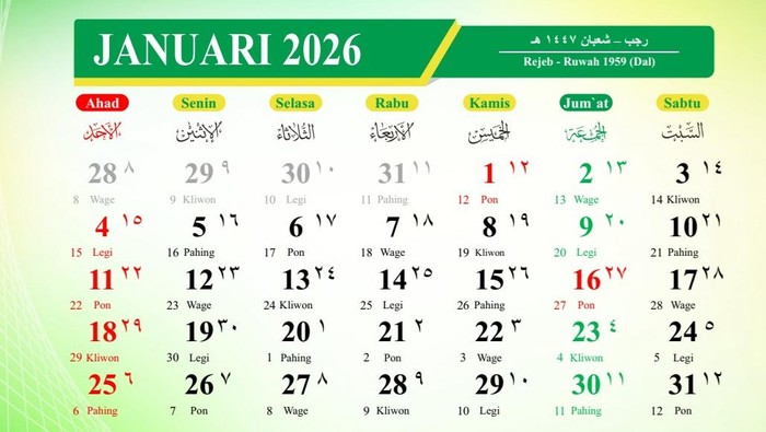 Kalender 2026 Lengkap dengan Tanggal Merah, Cuti Bersama dan Link Downloadnya