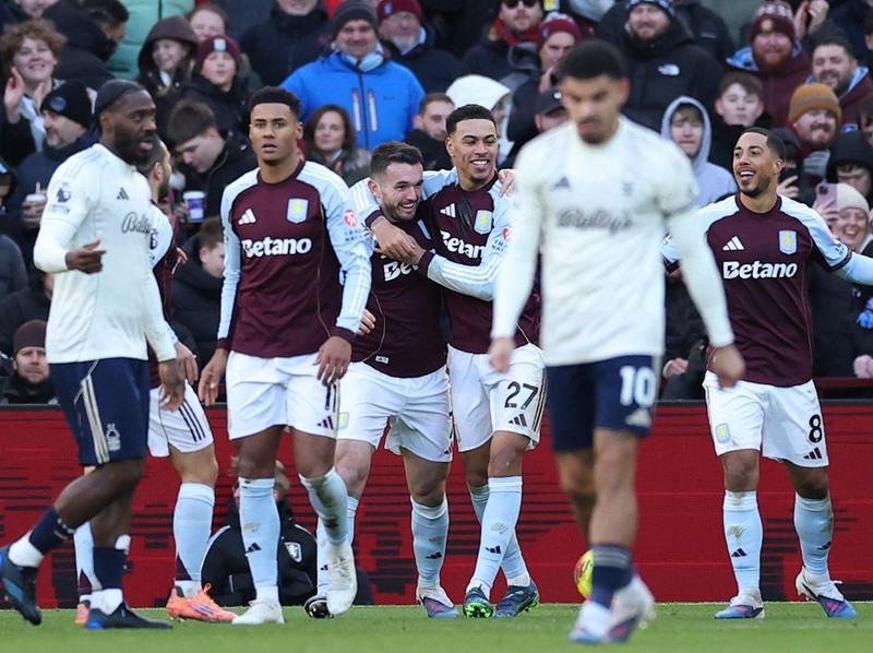 Soccer Football - Premier League - Aston Villa v Nottingham Forest - Villa Park, Birmingham, Britain - January 3, 2026 Aston Villa's John McGinn celebrates scoring their second goal with Morgan Rogers and Youri Tielemans Action Images via Reuters/Andrew Boyers EDITORIAL USE ONLY. NO USE WITH UNAUTHORIZED AUDIO, VIDEO, DATA, FIXTURE LISTS, CLUB/LEAGUE LOGOS OR 'LIVE' SERVICES. ONLINE IN-MATCH USE LIMITED TO 120 IMAGES, NO VIDEO EMULATION. NO USE IN BETTING, GAMES OR SINGLE CLUB/LEAGUE/PLAYER PUBLICATIONS. PLEASE CONTACT YOUR ACCOUNT REPRESENTATIVE FOR FURTHER DETAILS..