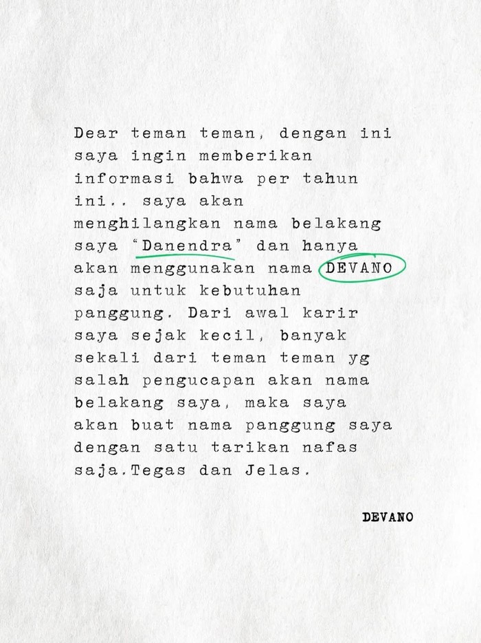 Pengumuman! Devano Hilangkan Nama Danendra Mulai Tahun Ini