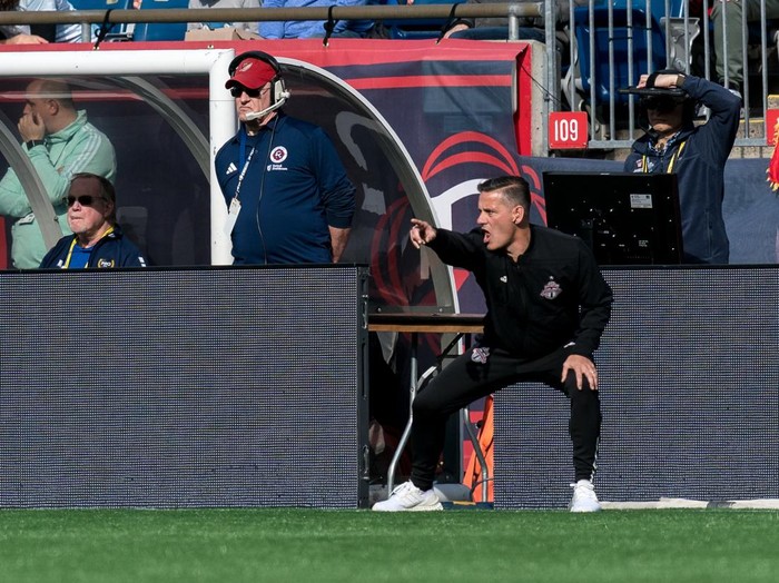FOXBOROUGH, MA - MARCH 3: Toronto FC coach John Herdman during a game between Toronto FC and New England Revolution at Gillette Stadium on March 3, 2024 in Foxborough, Massachusetts. (Photo by Andrew Katsampes/ISI Photos/Getty Images).