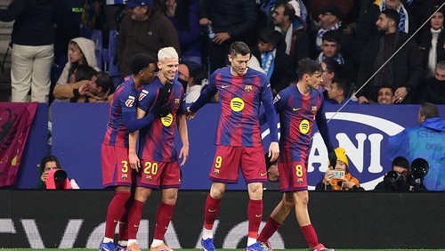BARCELONA, SPAIN - JANUARY 03: Dani Olmo of FC Barcelona celebrates scoring his teams first goal with teammates during the LaLiga EA Sports match between RCD Espanyol de Barcelona and FC Barcelona at RCDE Stadium on January 03, 2026 in Barcelona, Spain. (Photo by Judit Cartiel/Getty Images)