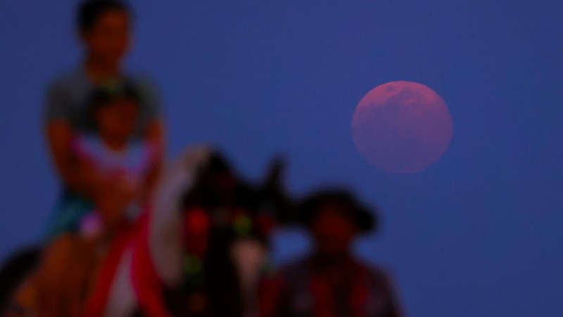People ride a horse as a Wolf supermoon, the first supermoon of 2026, rises above the sea at Cha-Am Beach, in Phetchaburi province, Thailand, January 3, 2026. REUTERS/Chalinee Thirasupa