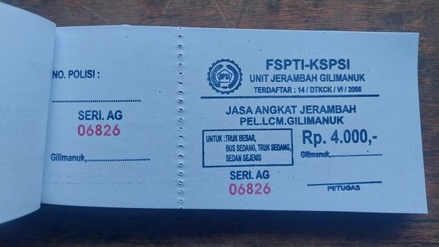 Foto karcis pungutan jasa keset di Pelabuhan Gilimanuk, Kabupaten Jembrana, Bali, Senin (5/1/2026).