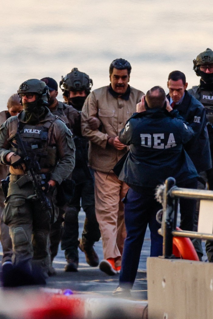 Captured Venezuelan President Nicolas Maduro arrives at the Downtown Manhattan Heliport, as he heads towards the Daniel Patrick Manhattan United States Courthouse for an initial appearance to face U.S. federal charges including narco-terrorism, conspiracy, drug trafficking, money laundering and others in New York City, U.S., January 5, 2026. REUTERS/Eduardo Munoz