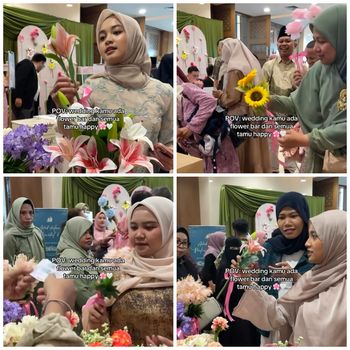 Ide souvenir pernikahan unik, pengantin sediakan flower bar untuk tamu undangan yang hadir. Unggahan momen tersebut langsung viral di media sosial.