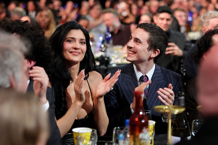 Kylie Jenner and Timothée Chalamet at the 31st Annual Critics Choice Awards held at the Barker Hangar on January 04, 2026 in Santa Monica, California. (Photo by Christopher Polk/Variety via Getty Images)