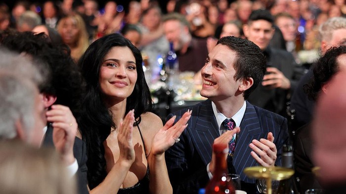 Kylie Jenner and Timothée Chalamet at the 31st Annual Critics Choice Awards held at the Barker Hangar on January 04, 2026 in Santa Monica, California. (Photo by Christopher Polk/Variety via Getty Images)