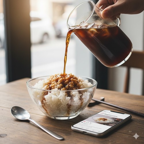 Ilustrasi menu bapmericano yang mencampur nasi dengan es americano. (Ilustrasi dibuat menggunakan AI Gemini)