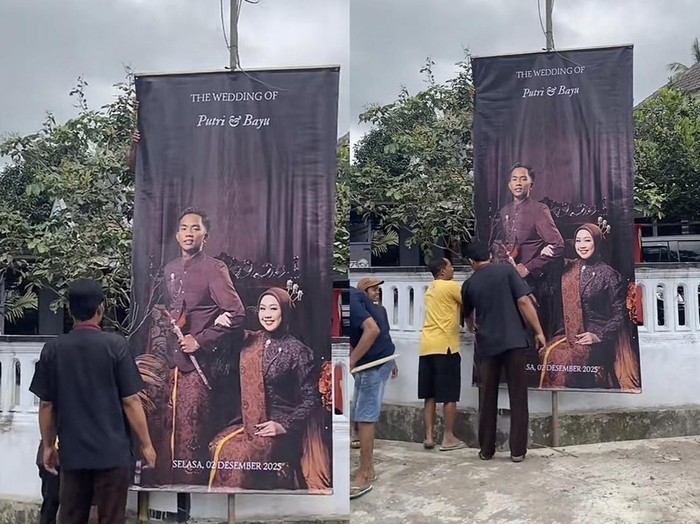 Bukan janur kuning, pengantin di Lumajang, Jawa Timur, ini memasang banner di area pernikahannya mendadak curi atensi warganet. Unggahan tersebut langsung viral di media sosial.