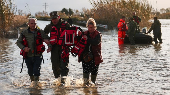 A drone view shows a flooded area as members of the military take part in an operation to evacuate residents after severe rain caused flooding, in Ferras, Fier, Albania, January 8, 2026. REUTERS/Florion Goga