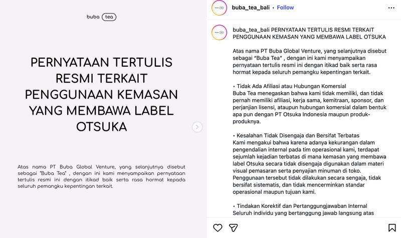 Klarifikasi Buba Tea Bali akan insiden pemakaian kantong infus bekas medis untuk menyajikan matcha. Klarifikasi Buba Tea Bali akan insiden pemakaian kantong infus bekas medis untuk menyajikan matcha.