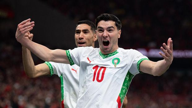 Brahim Diaz RABAT, MOROCCO - JANUARY 9: Brahim Diaz of Morocco (right) celebrates scoring the opening goal with Achraf Hakimi during the Africa Cup Of Nations Quarter-final match between Cameroon and Morocco at Prince Moulay Abdellah Stadium on January 9, 2026 in Rabat, Morocco. (Photo by Visionhaus/Getty Images)