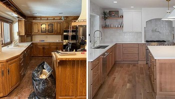 Dapur lawas dengan kabinet kayu gelap ini berubah total menjadi dapur modern bernuansa cerah dengan tata letak lebih rapi dan fungsional. Foto: Boredpanda