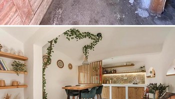 Ruang sempit dan lembap yang sebelumnya tampak seperti gudang disulap menjadi area dapur sekaligus ruang makan yang hangat dan estetik. Foto: Boredpanda