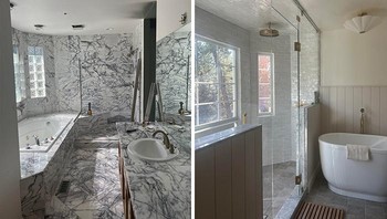 Kamar mandi bermarmer yang terasa berat dan kuno direnovasi menjadi kamar mandi modern dengan pencahayaan alami yang lembut. Foto: Boredpanda
