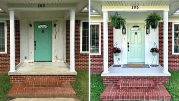 Teras depan rumah yang tampak usang dan terkelupas kini terlihat segar dengan cat baru dan dekorasi tanaman yang menyambut. Foto: Boredpanda