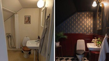 Toilet kecil dengan tampilan polos dan seadanya berubah drastis menjadi ruang bergaya klasik dengan pola lantai mencolok. Foto: Boredpanda