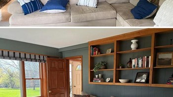 Ruang keluarga bernuansa kayu yang tampak gelap kini terasa lebih hidup berkat warna dinding baru dan penataan furnitur modern. Foto: Boredpanda