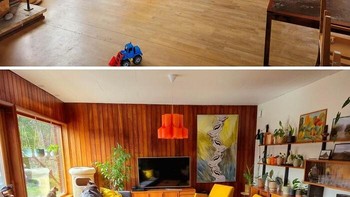 Ruang tamu kosong dengan panel kayu lama disulap menjadi ruang keluarga hangat penuh warna dan tanaman. Foto: Boredpanda