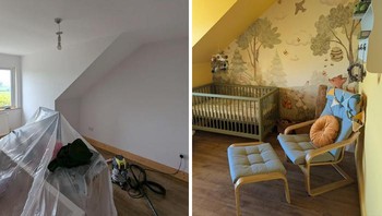 Kamar kosong saat proses renovasi berubah menjadi kamar anak yang ceria dengan mural dinding penuh imajinasi. Foto: Boredpanda