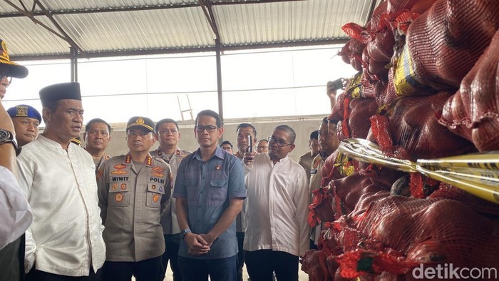 Menteri Pertanian Amran Sulaiman mengecek bawang bombay ilegal yang diamankan dari Pelabuhan Tanjung Emas, di gudang di Kecamatan Semarang Utara, Kota Semadang, Sabtu (10/1/2026).