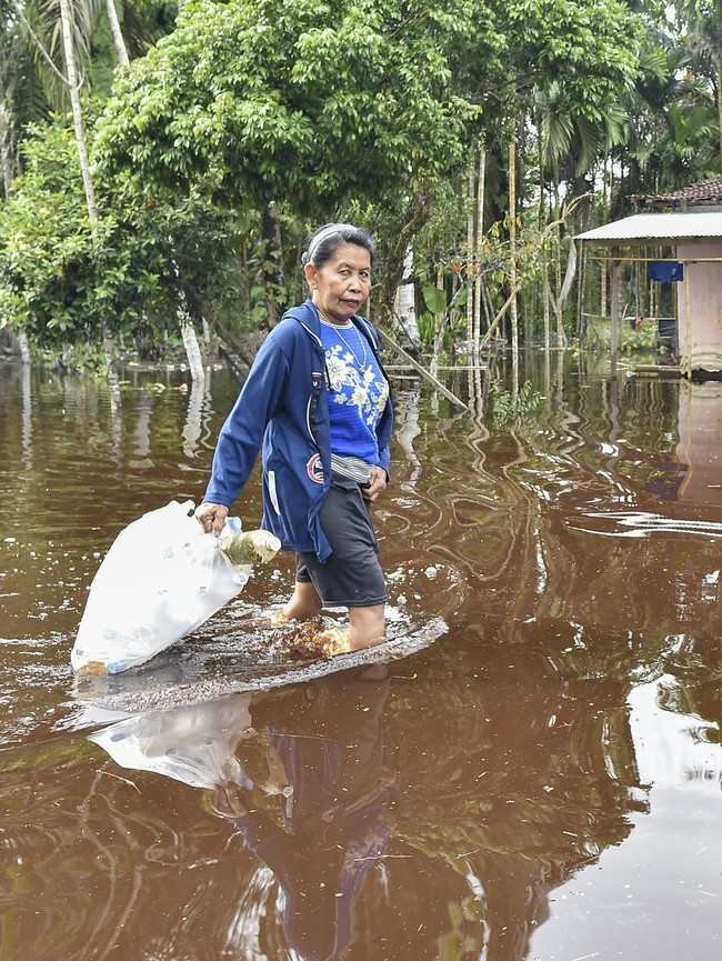 Potret Warga Terobos Banjir Luapan Sungai Dendang di Tanjabtim Jambi