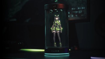 Razer memamerkan gadget unik bernama Project Ava, kapsul yang dihuni hologram karakter waifu bernama Kira atau husbando bernama Zane. Hologram setinggi 5,5 inch ini dapat melihat pengguna menggunakan kamera built-in atau webcam, dan dapat melihat konten di layar komputer untuk memberikan tips gaming. Foto: Razer