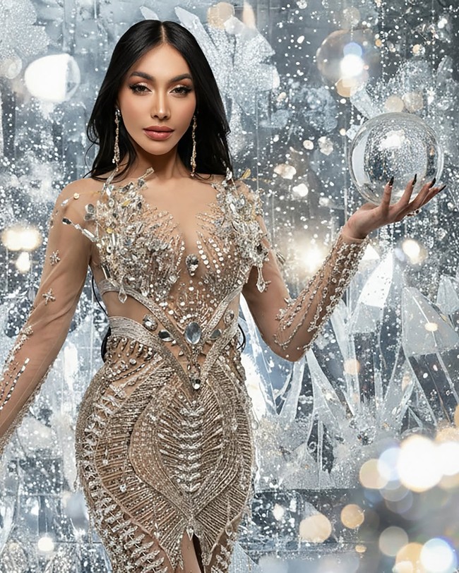 Detail gaun yang dipakai ibu satu anak ini terlihat sangat kompleks. Ornamen menyerupai pecahan kristal dan tetesan permata menghiasi bagian dada hingga lengan sehingga menciptakan efek visual dramatis seolah menyatu dengan latar belakang bertema es dan cahaya. (Foto: Instagram/@denadaindonesia)