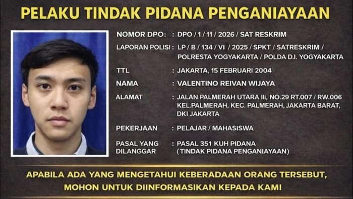 Valentino Reivan Pelaku Penganiayaan Diburu Polresta Jogja