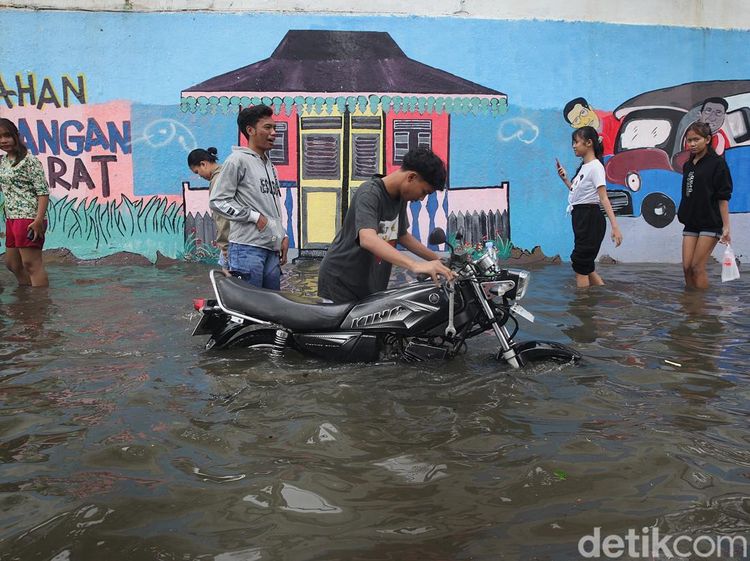 Potret Warga Dorong Motor Mogok hingga Bajaj Terobos Banjir