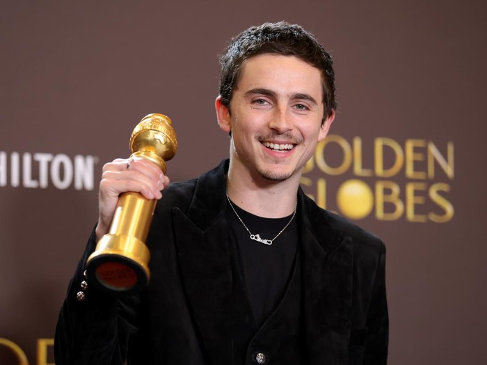 BEVERLY HILLS, CALIFORNIA - JANUARY 11: (FOR EDITORIAL USE ONLY) Timothée Chalamet, winner of the Best Performance by a Male Actor in a Motion Picture – Musical or Comedy award for Marty Supreme, poses in the press room during the 83rd annual Golden Globe Awards at The Beverly Hilton on January 11, 2026 in Beverly Hills, California. (Photo by Frazer Harrison/WireImage)