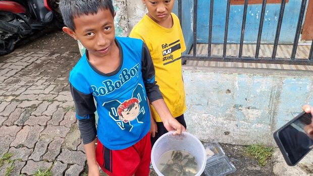 Anak-anak di Pegangsaan Dua Jakut Cari Ikan Saat Banjir