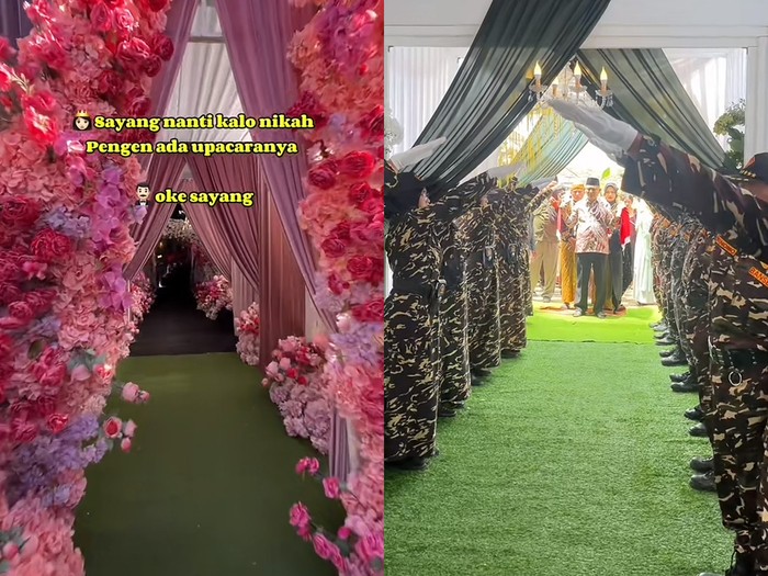 Suasana pernikahan ini mendadak jadi sorotan warganet di media sosial karena ada iringan pasukan banser yang melakukan prosesi upacara, kirab pengantin hinga berjoget bersama. Unggahan momen pernikahan di Malang, Jawa Timur ini mendadak viral.