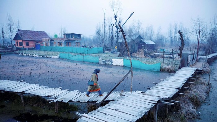 Kabut tipis menyelimuti Danau Dal, Srinagar, Kashmir, India, saat pagi musim dingin perlahan bergulir. Di tengah udara dingin yang menusuk, para pedagang sayur Kashmir tetap beraktivitas di pasar terapung, menjajakan hasil dagangan sebelum berbagi hookah untuk menghangatkan tubuh dan menjaga kebersamaan. REUTERS/Sharafat Ali