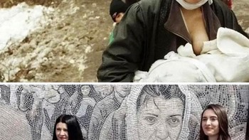 Perjuangan seorang ibu di Kosovo bernama Sherife Luta tertangkap kamera tetap menyusui bayinya, sambil terus berjalan jauh mencari keselamatan di tengah kecamuk perang tahun 1999. Foto ikonik ini sekarang telah diabadikan menjadi sebuah mozaik raksasa di negaranya sebagai simbol ketangguhan, dan kabar baiknya, ibu serta bayi di foto tersebut berhasil selamat. Foto: Boredpanda