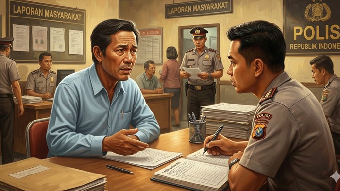 Ilustrasi pria melapor ke kantor polisi. (Dibuat dengan AI Gemini)