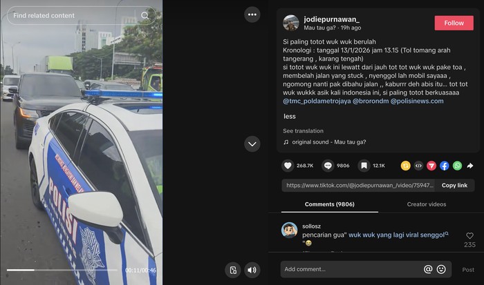 Viral Patwal Lagi Ngawal Range Rover Senggol Mobil Warga di Tol Tomang