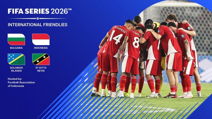 Gelaran FIFA Series 2026 Indonesia dijadwalkan pada jeda internasional Maret dan April di Jakarta. Ada 3 tim yang tampil menghadapi Timnas Indonesia yakni Bulgaria (UEFA), Kepulauan Solomon (OFC), dan St. Kitts and Nevis (CONCACAF).