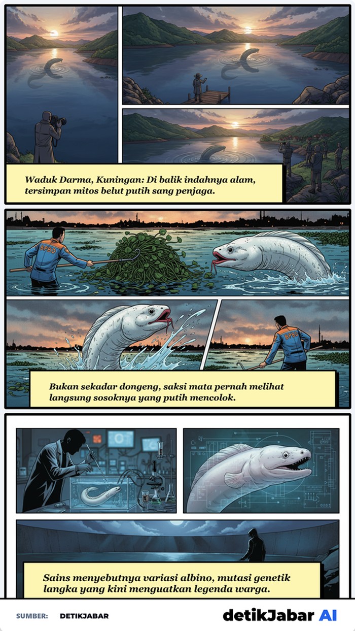 Ilustrasi belut putih raksasa di Waduk Darma.