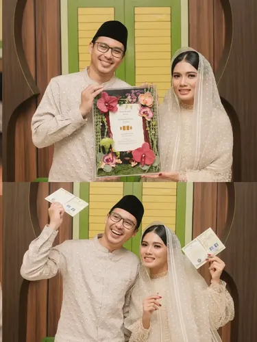 Pasangan ini memutuskan untuk menikah sederhana di Kantor Urusan Agama (KUA), keduanya tampil memukau dengan balutan busana rancangan desainer Sapto Djojokartiko. Unggahan tersebut langsung viral di media sosial.