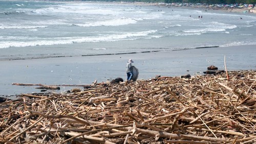 Seorang warga berdiri di atas tumpukan sampah kiriman di Pantai Kuta, Badung, Bali, Senin (19/1/2026). Objek wisata yang menjadi ikon pariwisata Bali tersebut dipenuhi sampah kayu dan bambu yang berserakan di pesisir pantai sejak Minggu (18/1) akibat terbawa ombak dampak cuaca ekstrem. ANTARA FOTO/Nyoman Hendra Wibowo/tom.