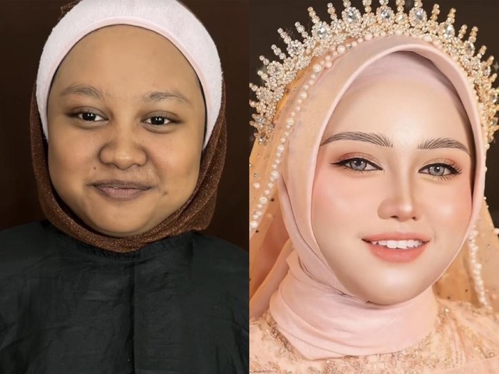 Juru rias pengantin, Khadijah Azzahra membagikan video transformasi makeup wanita yang berhasil membuat pangling. Unggahan MUA asal Malang, Jawa Timur, tersebut langsung viral di TikTok.