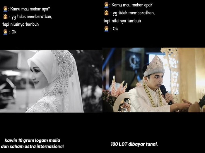 Pernikahan ini mendadak curi atensi warganet di media sosial. Pasalnya, pengantin pria memberikan mahar 10 gram emas dan 100 Lot saham Astra Internasional. Unggahan pernikahan di Bandung, Jawa Barat itu langsung viral.