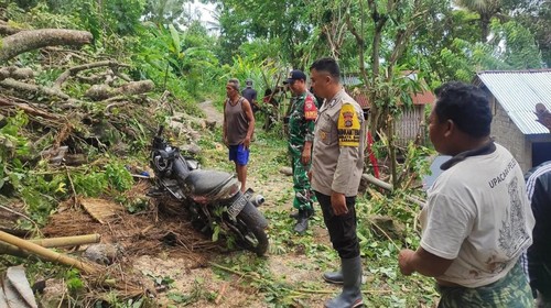 Petugas mengevakuasi motor yang tertimpa pohon tumbang di Desa Seraya Barat, Karangasem, Selasa (20/1/2026).