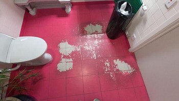 Cat lantai kamar mandi ini mengelupas persis di area yang paling sering diinjak, membentuk pola alami akibat pemakaian. Foto: Boredpanda