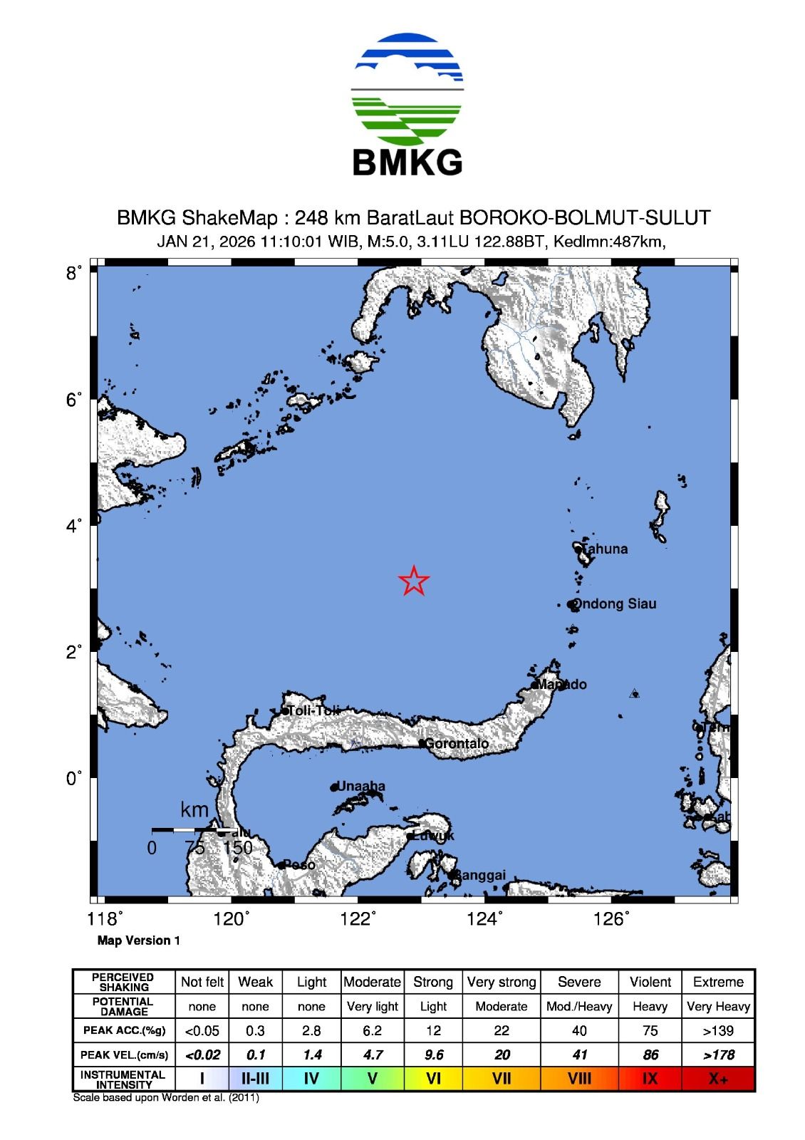 Gempa Bumi Tektonik M5,2 di Laut Sulawesi, tidak berpotensi Tsunami, Rabu, 21/1. (dok BMKG)