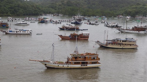 Sejumlah kapal wisata lego jangkar akibat cuaca buruk di perairan Labuan Bajo, Manggarai Barat, Nusa Tenggara Timur (NTT), Kamis (22/1/2026). Kantor Kesyahbandaran dan Otoritas Pelabuhan (KSOP) Kelas III Labuan Bajo menutup sementara layanan Surat Persetujuan Berlayar (SPB) bagi seluruh kapal wisata, termasuk speed boat pada 20-27 Januari 2026 karena cuaca buruk di perairan sekitar Labuan Bajo. ANTARA FOTO/Gecio Viana/app/tom.