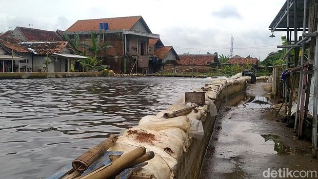Debit tinggi Sungai Bremi membuat Kampung Cokrah di Kota Pekalongan bak berada di bawah air, Jumat (23/1/2026).