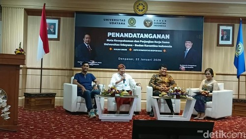 Penandatanganan MoU dan perjanjian kerja sama Universitas Udayana-Badan Karantina Indonesia di Gedung Pascasarjana Unud, Denpasar, Bali, Kamis (22/1/2026). (Foto: Hani Sofia Muthmainnah/detikBali)